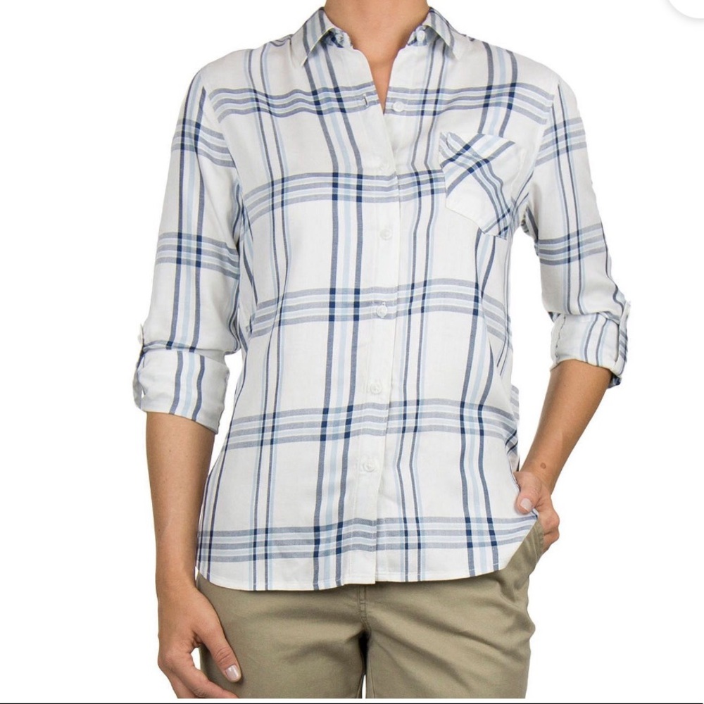 WOOLRICH WOMEN’S LIGHTWEIGHT BUTTON UP TOP ROLL TAB SLEEVES BLUE SKIES PRINT XXL